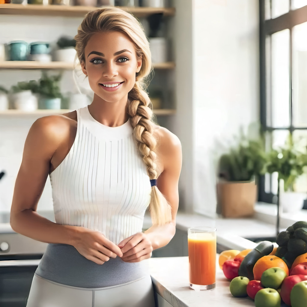 A radiant woman enjoying a fresh juice epitomizes Juice Pro's balance of delightful taste and wellness, ensuring nourishment tailored to your needs.