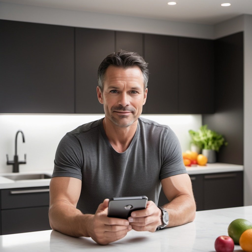 A tech-savvy individual explores Juice Pro's app, where intuitive search and handpicked recipes offer a seamless nutrition journey for every user.