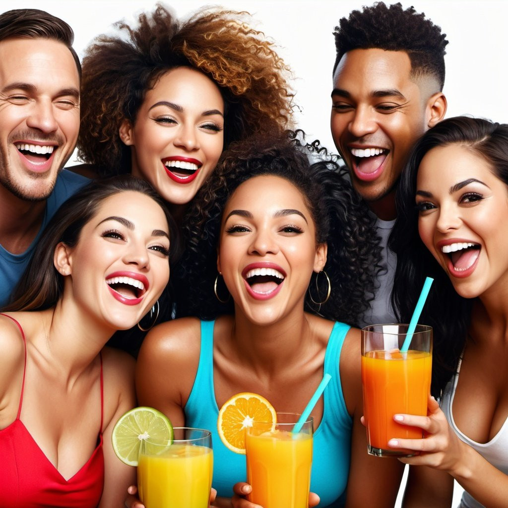 A diverse and joyful group connects over healthy juices, representing the supportive and fun community experience with Juice Pro.